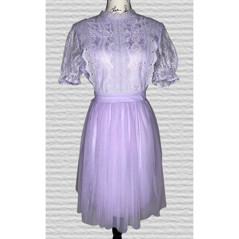 Simplee Elegant Lace A-Line Dress Womens LG Purple Puff Sleeve Vintage Tulle